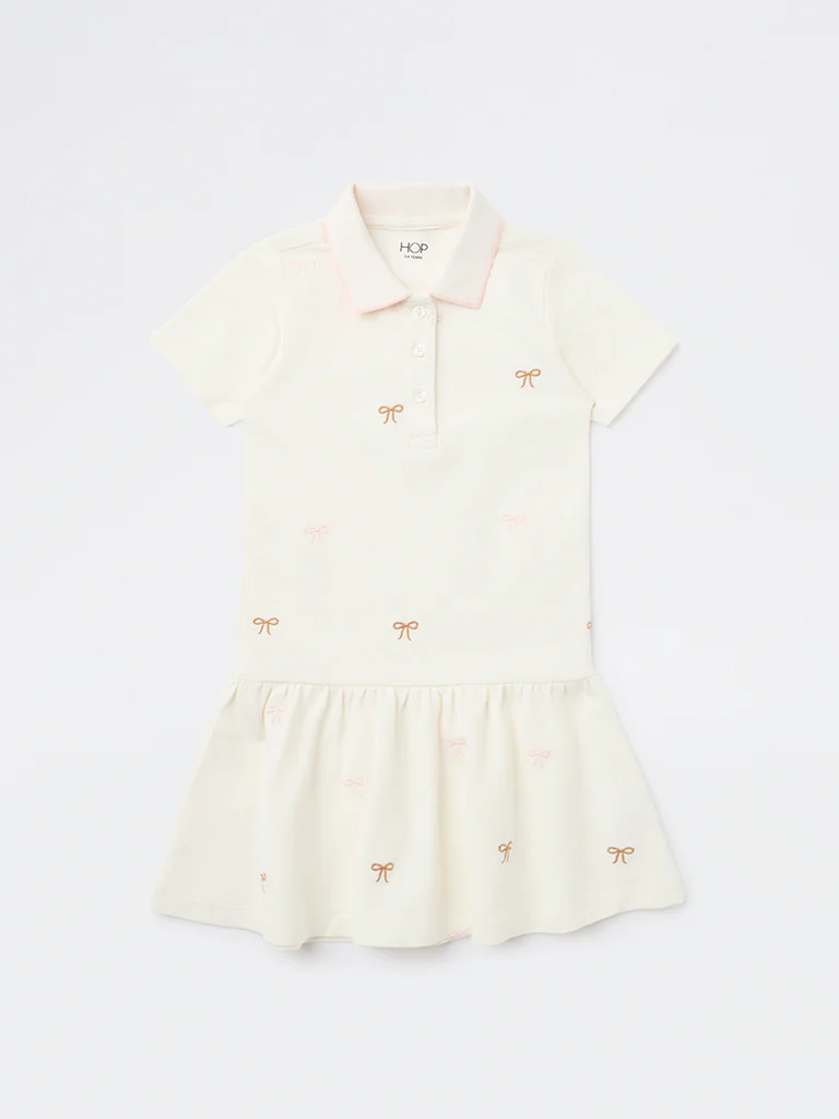 HOP Kids Girls Off-White Bow Detailed Cotton Shirt Dress - Image 3
