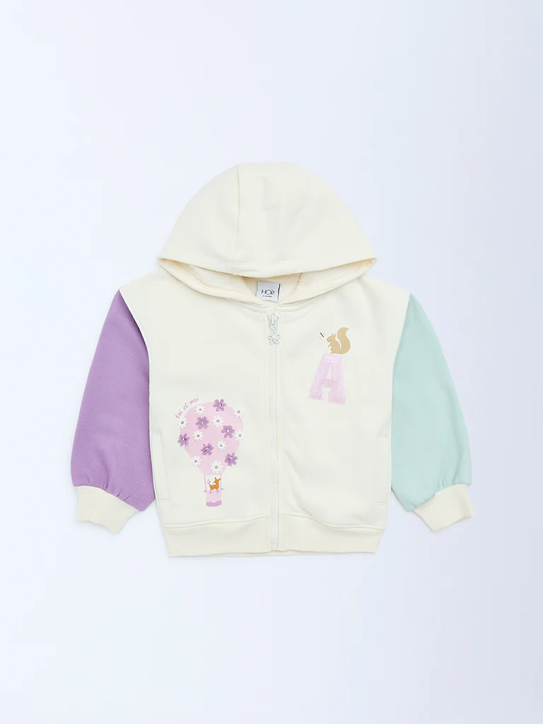 HOP Kids Girls Off-White Colour-Blocked Hoodie - Image 4