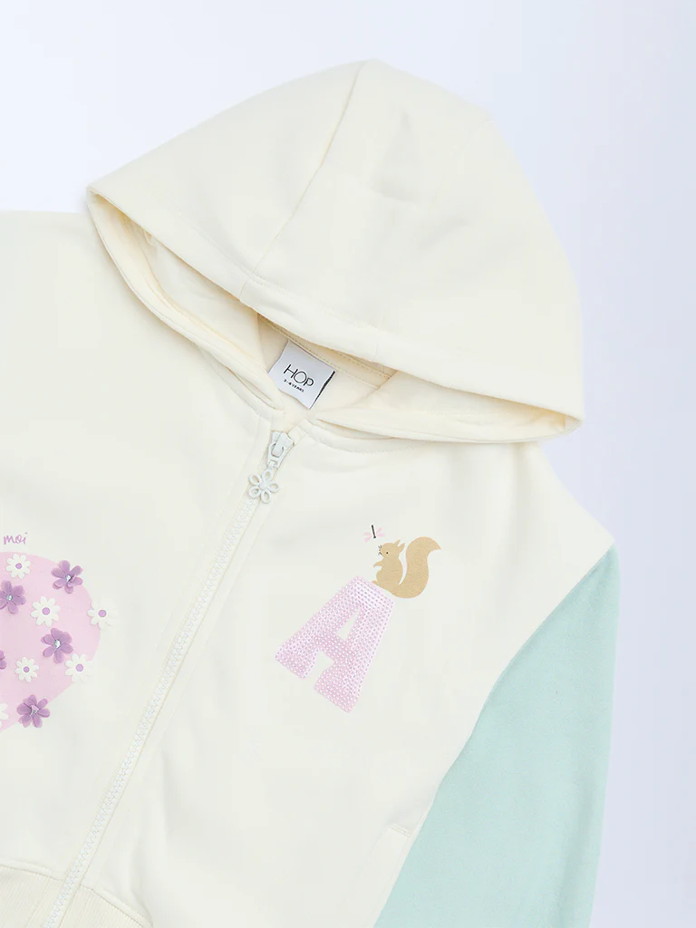 HOP Kids Girls Off-White Colour-Blocked Hoodie - Image 6