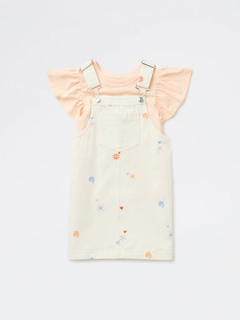 HOP Kids Girls Off-White Cotton Pinafore and T-Shirt Set - Image 3