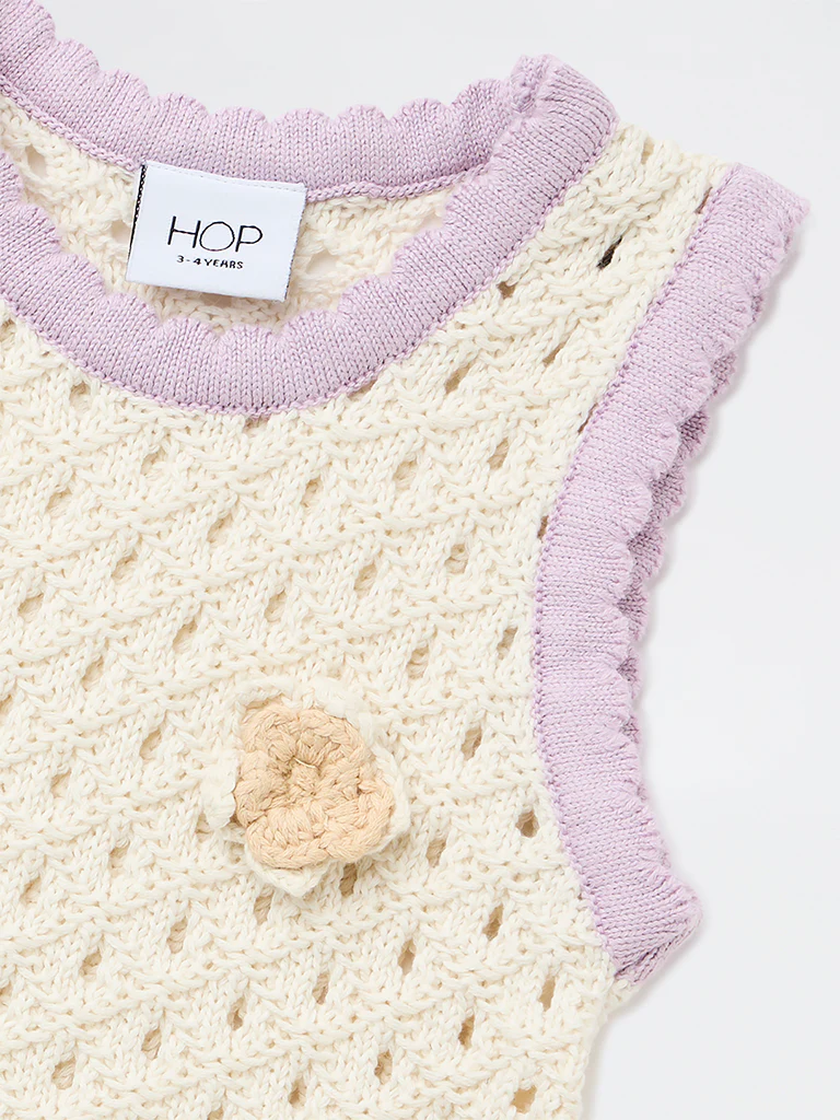 HOP Kids Girls Off-White Crochet-Knitted Cotton Top - Image 5