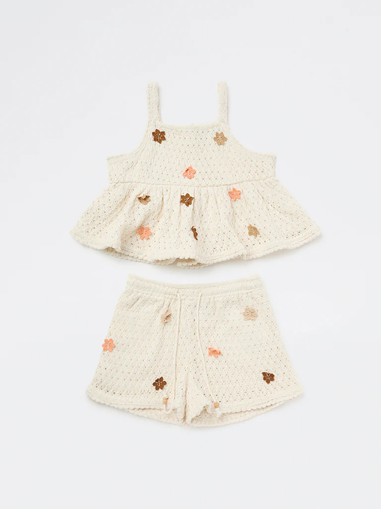 HOP Kids Girls Off-White Crochet-Knitted Cotton Top and Shorts Set - Image 3