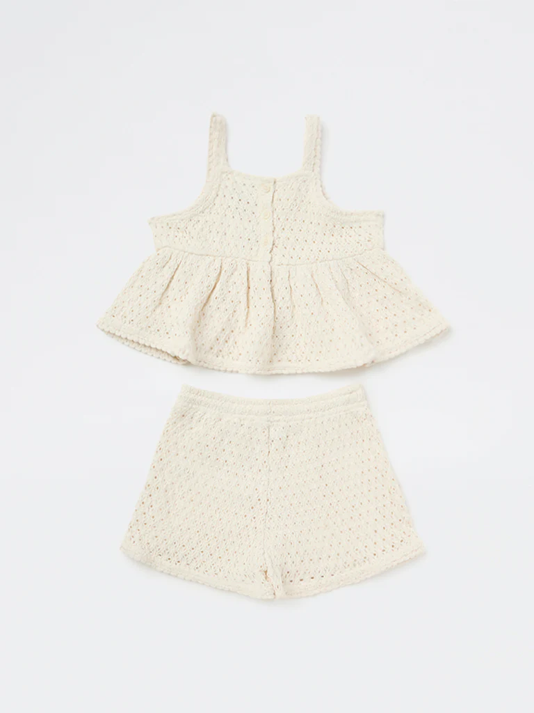 HOP Kids Girls Off-White Crochet-Knitted Cotton Top and Shorts Set - Image 4
