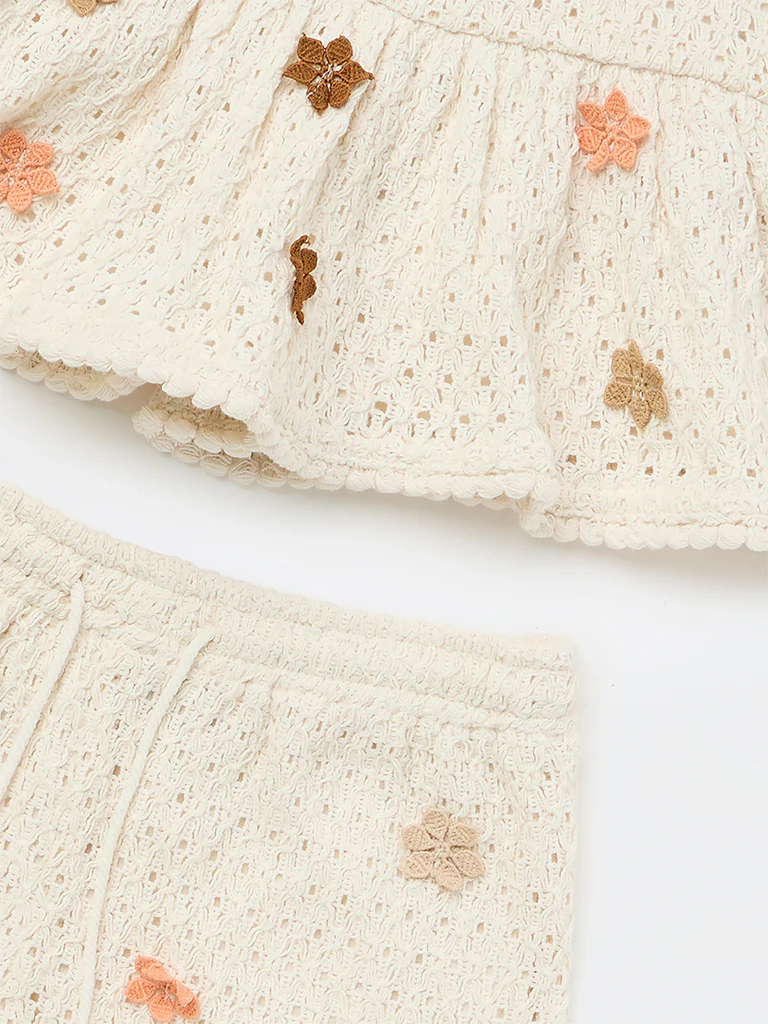 HOP Kids Girls Off-White Crochet-Knitted Cotton Top and Shorts Set - Image 5
