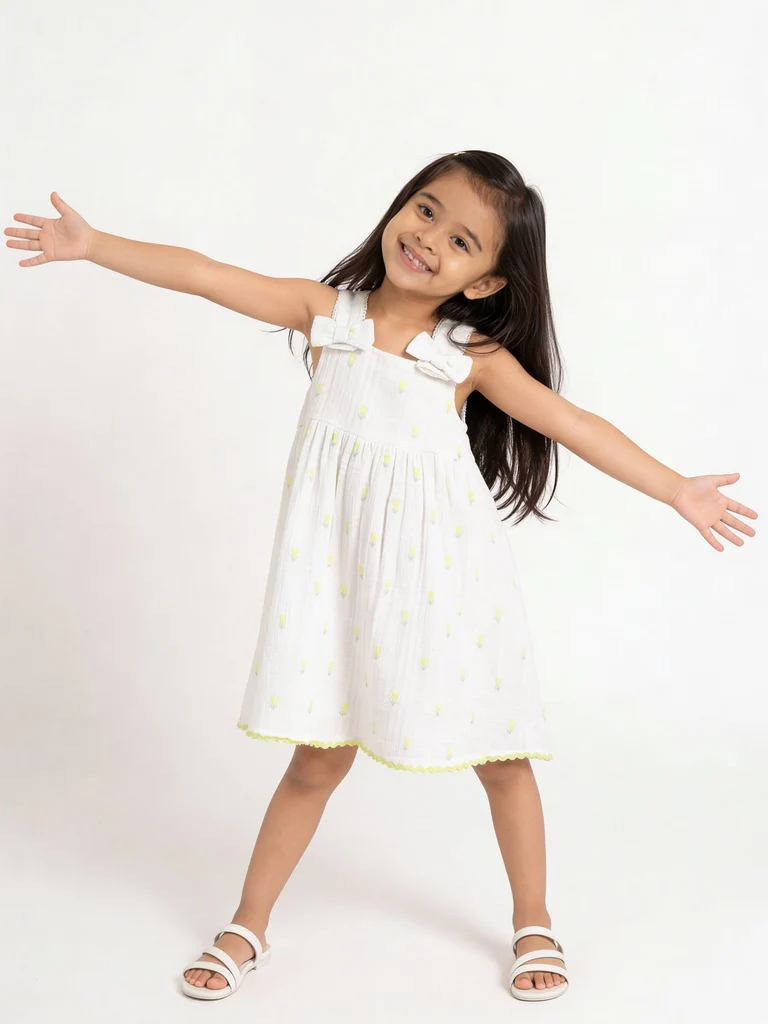 HOP Kids Girls Off-White Embroidered Cotton-Blend Dress