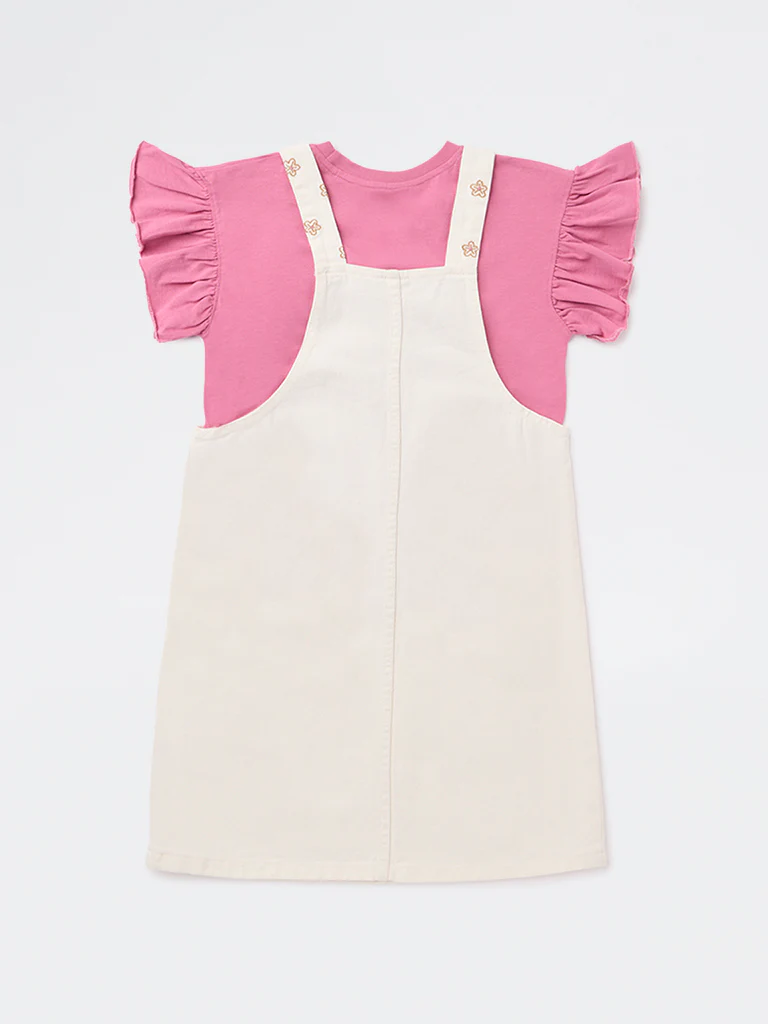 HOP Kids Girls Off-White Embroidered Cotton Pinafore and T-Shirt Set - Image 4
