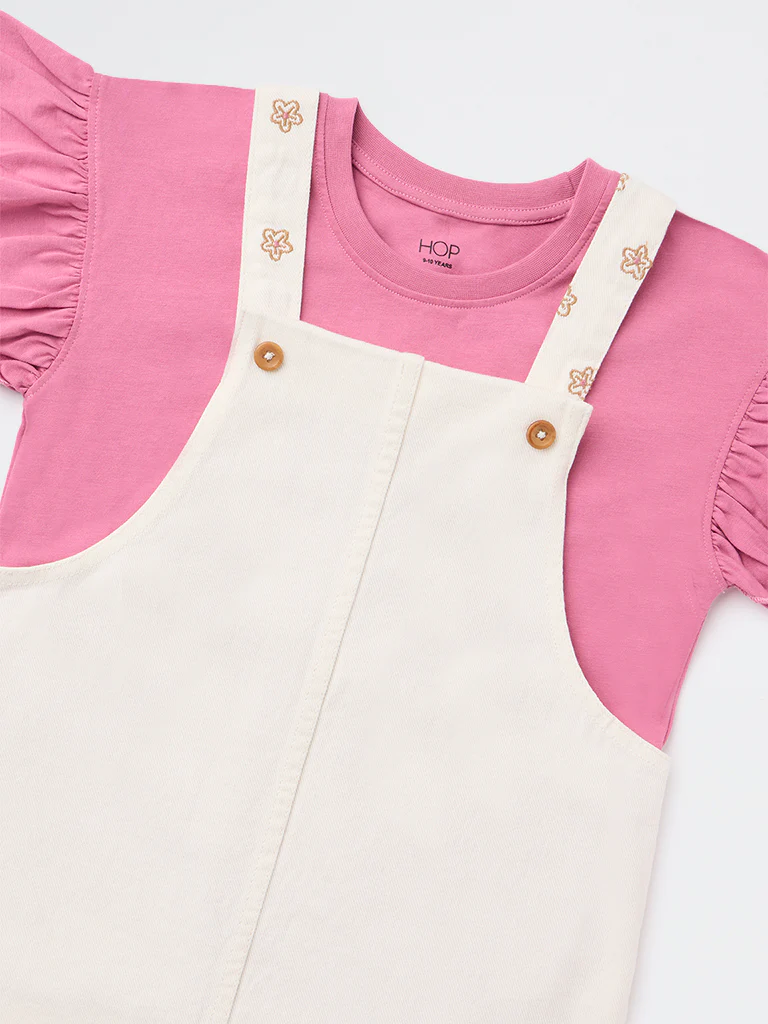 HOP Kids Girls Off-White Embroidered Cotton Pinafore and T-Shirt Set - Image 5