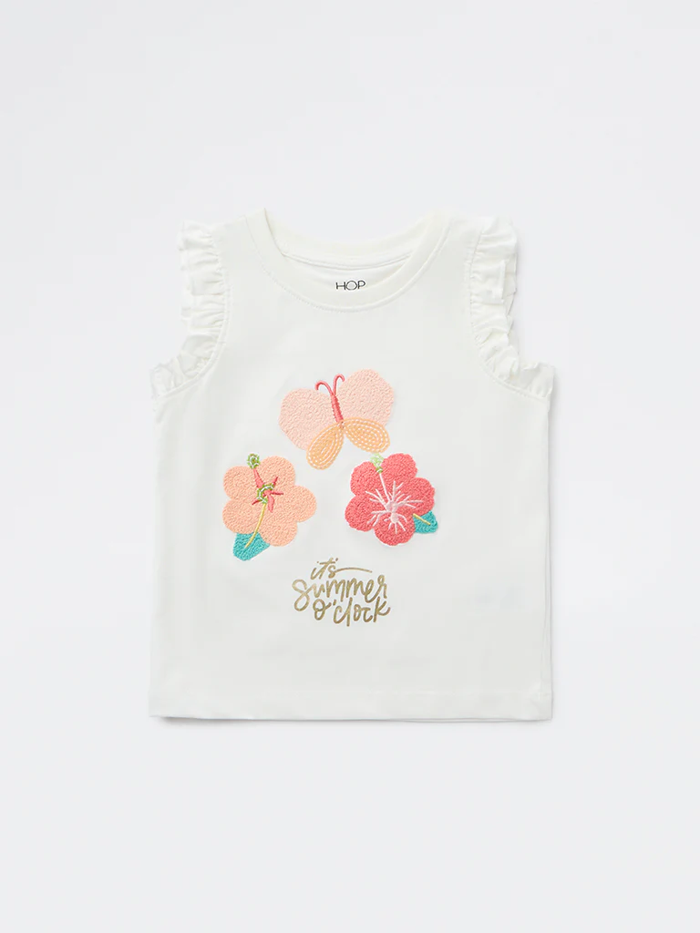 HOP Kids Girls Off White Embroidered Cotton Top - Image 4
