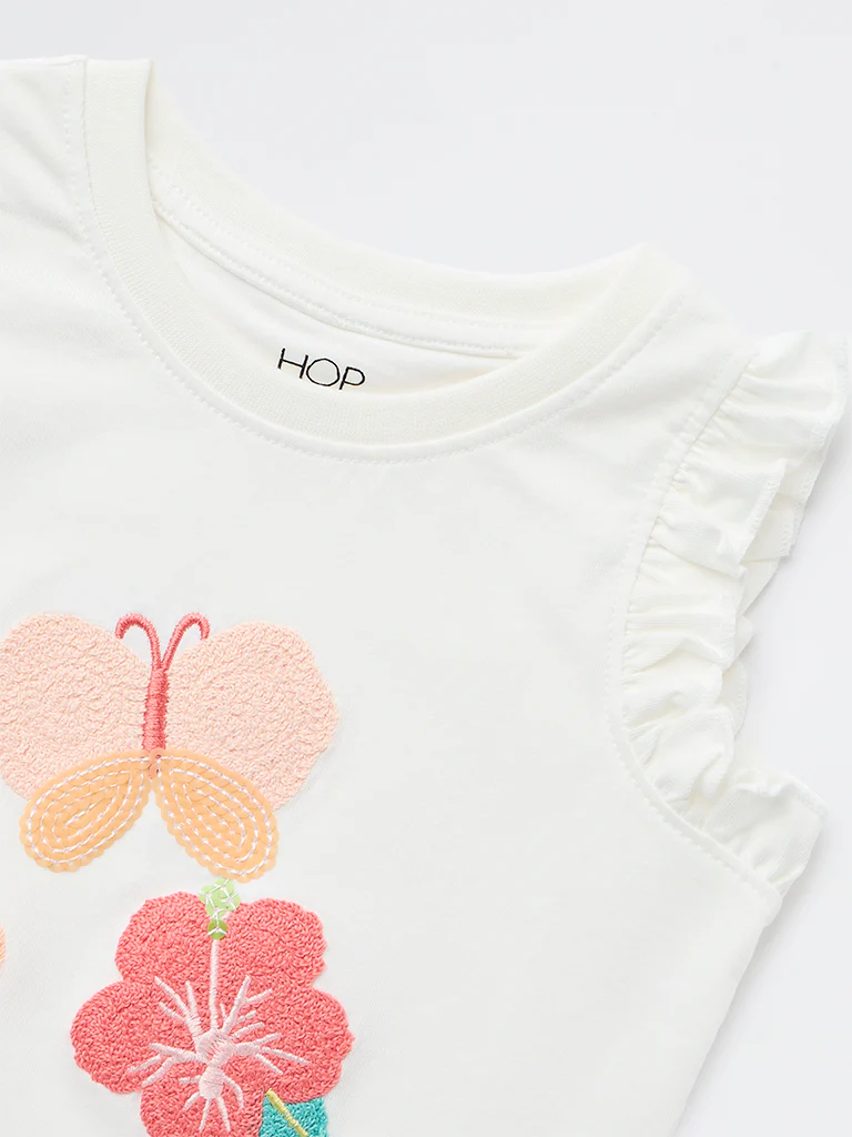 HOP Kids Girls Off White Embroidered Cotton Top - Image 6