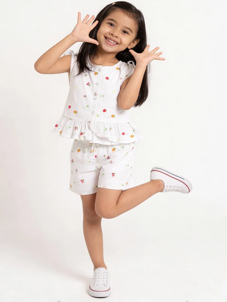 HOP Kids Girls Off-White Embroidered Cotton Top and Shorts Set