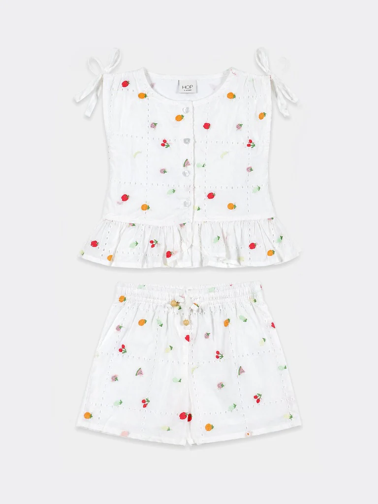 HOP Kids Girls Off-White Embroidered Cotton Top and Shorts Set - Image 3