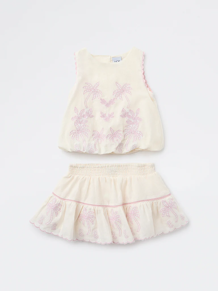 HOP Kids Girls Off White Embroidered Cotton Top and Skirt Set - Image 3