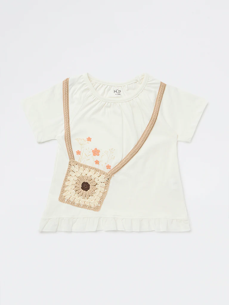 HOP Kids Girls Off-White Embroidered Crocheted Cotton Top - Image 3