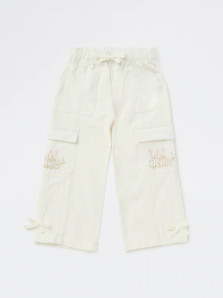 HOP Kids Girls Off-White Embroidered High-Rise Cotton Trousers - Image 4