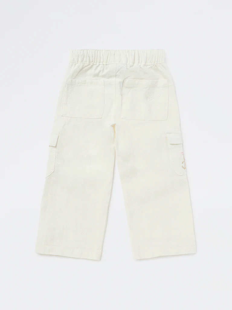 HOP Kids Girls Off-White Embroidered High-Rise Cotton Trousers - Image 5