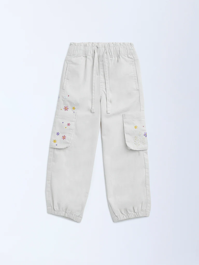 HOP Kids Girls Off-White Embroidered Mid-Rise Cotton Joggers - Image 3