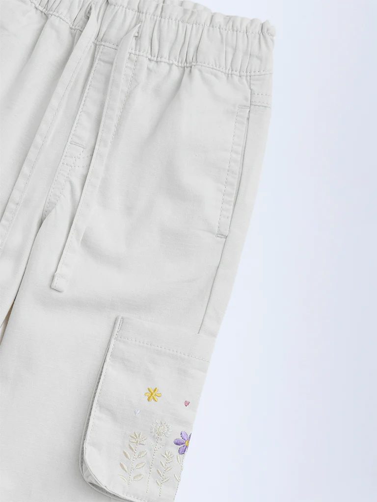 HOP Kids Girls Off-White Embroidered Mid-Rise Cotton Joggers - Image 5