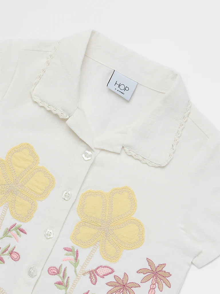 HOP Kids Girls Off-White Embroidered Resort-Fit Cotton Shirt - Image 5