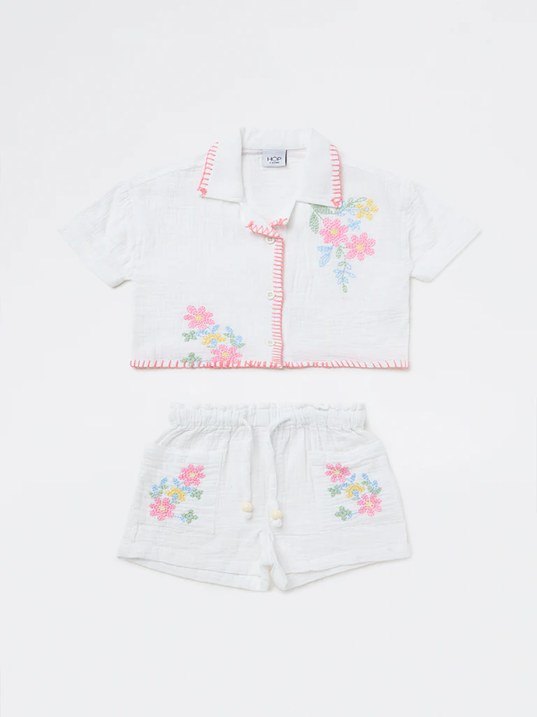 HOP Kids Girls Off-White Floral Cotton Shirt and Shorts Set - Image 3