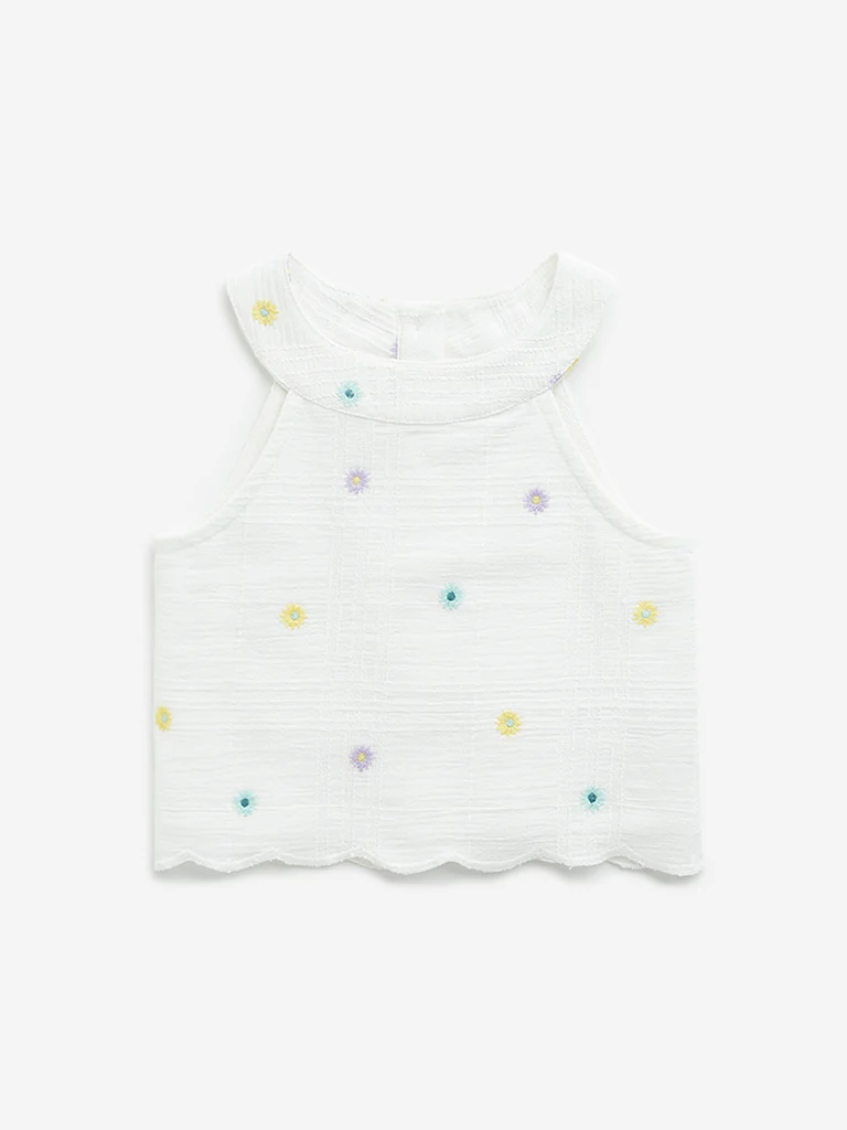 HOP Kids Girls Off-White Floral Embroidered Cotton Top