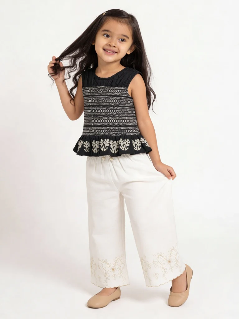 HOP Kids Girls Off-White Floral Embroidered High-Rise Pants