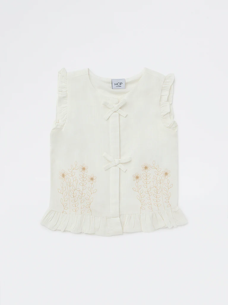 HOP Kids Girls Off-White Floral Embroidered Top - Image 3