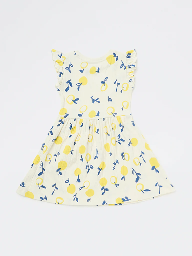HOP Kids Girls Off-White Fruits Printed Cotton-Blend A-Line Dress - Image 3