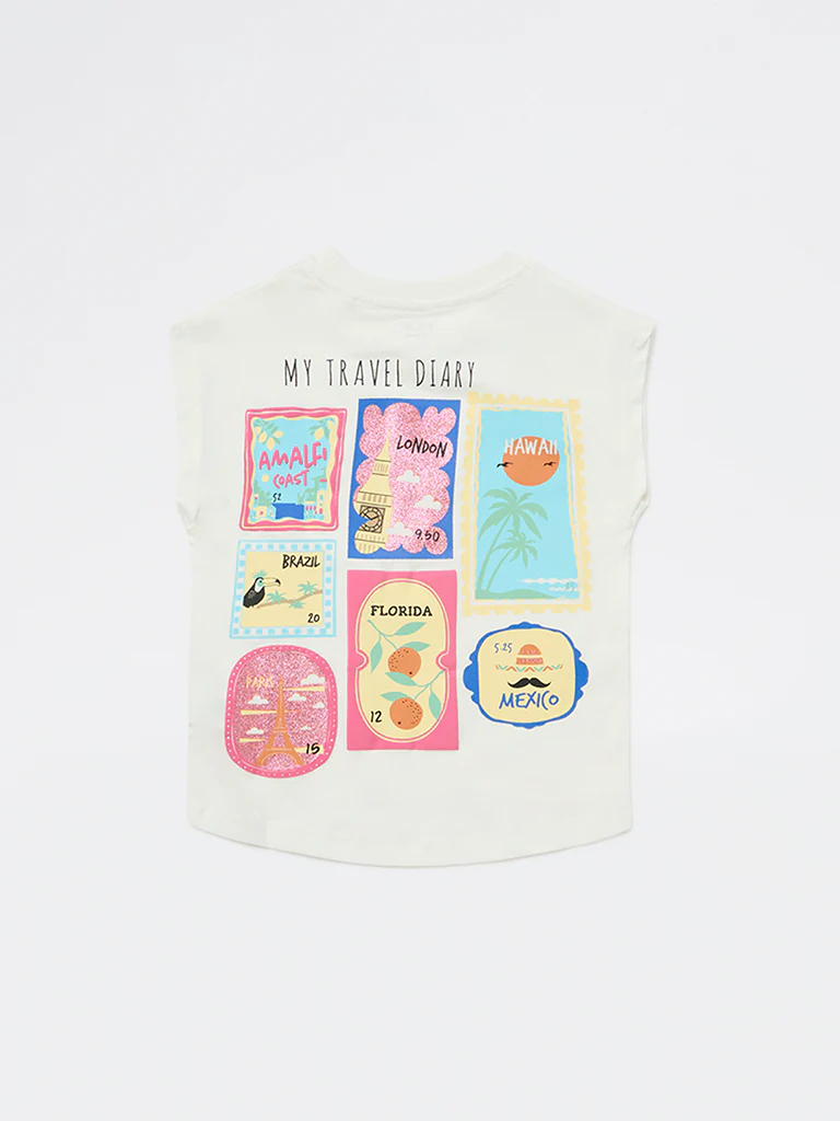 HOP Kids Girls Off-White Graphic Printed Cotton T-Shirt - Image 5