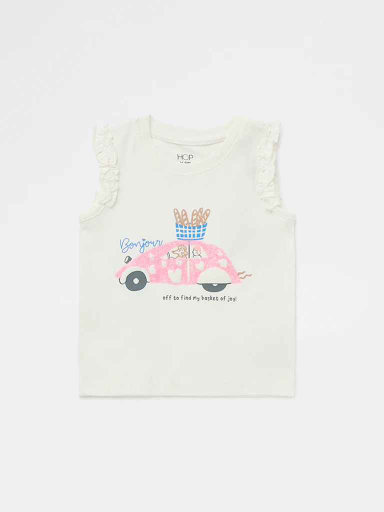 HOP Kids Girls Off-White Graphic Printed Cotton Top - Image 4