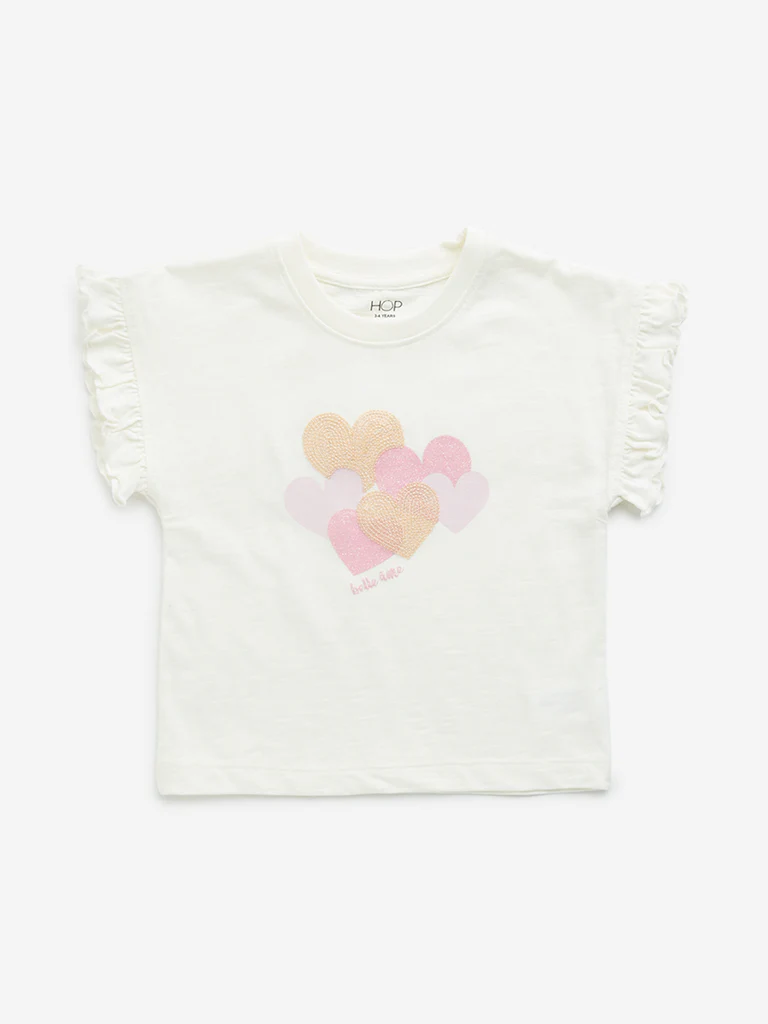 HOP Kids Girls Off-White Heart Embellished Cotton T-Shirt