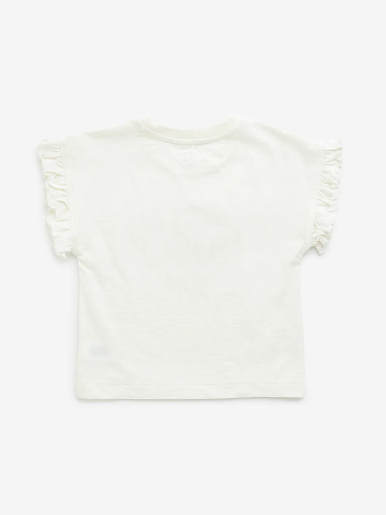 HOP Kids Girls Off-White Heart Embellished Cotton T-Shirt - Image 3