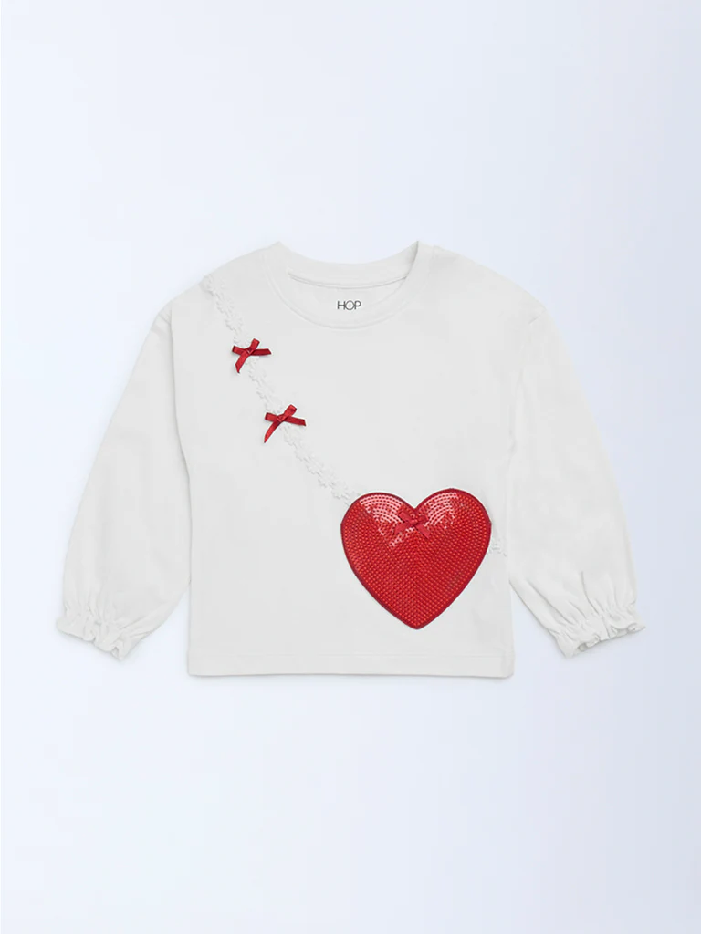 HOP Kids Girls Off-White Heart Embellished Cotton Top - Image 2