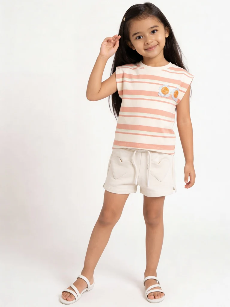 HOP Kids Girls Off-White Heart Pocket Cotton Shorts