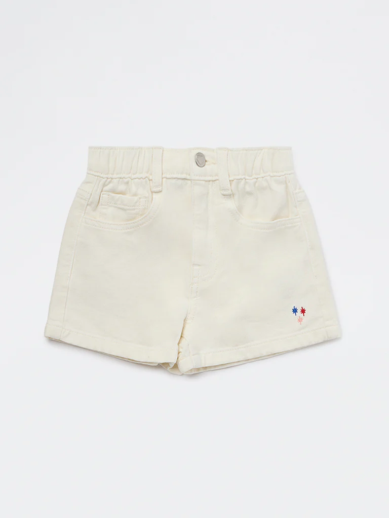 HOP Kids Girls Off-White High-Rise Cotton Shorts - Image 4