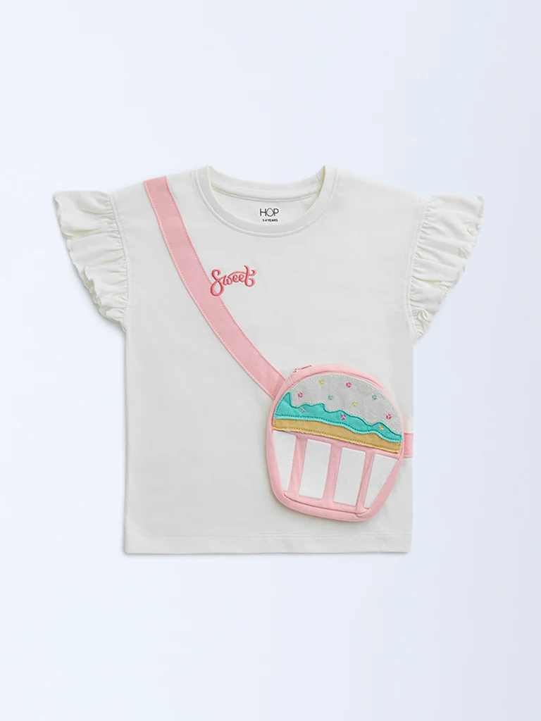 HOP Kids Girls Off-White Pouch-Detailed Cotton Top - Image 2