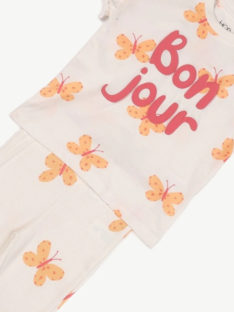 HOP Kids Girls Off-White Printed Cotton-Blend Top and Pants Set - Image 5