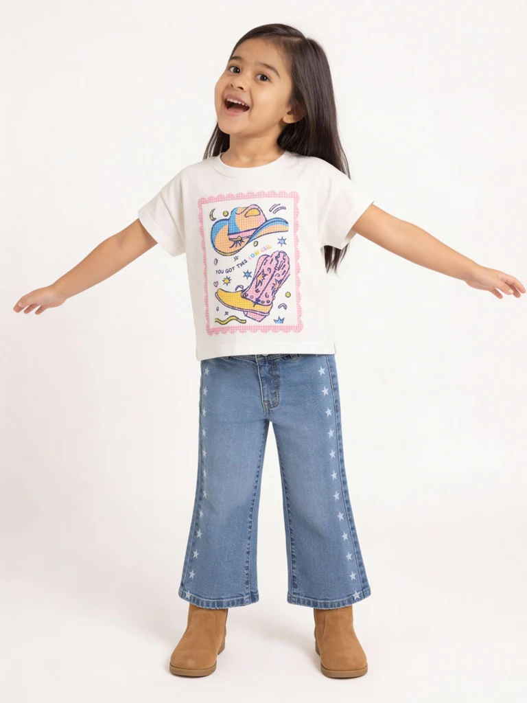 HOP Kids Girls Off-White Printed Cotton T-Shirt