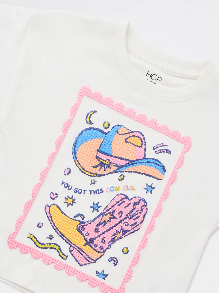 HOP Kids Girls Off-White Printed Cotton T-Shirt - Image 6