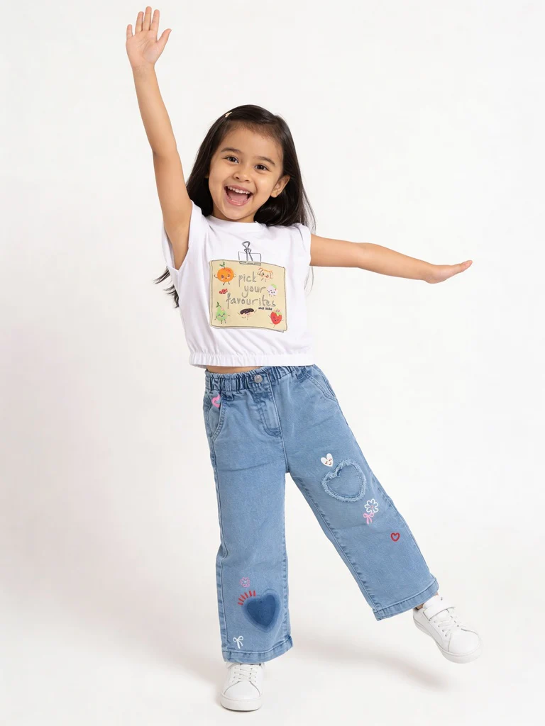 HOP Kids Girls Off-White Printed Cotton T-Shirt