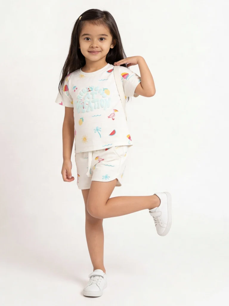 HOP Kids Girls Off-White Printed Cotton T-Shirt and Shorts