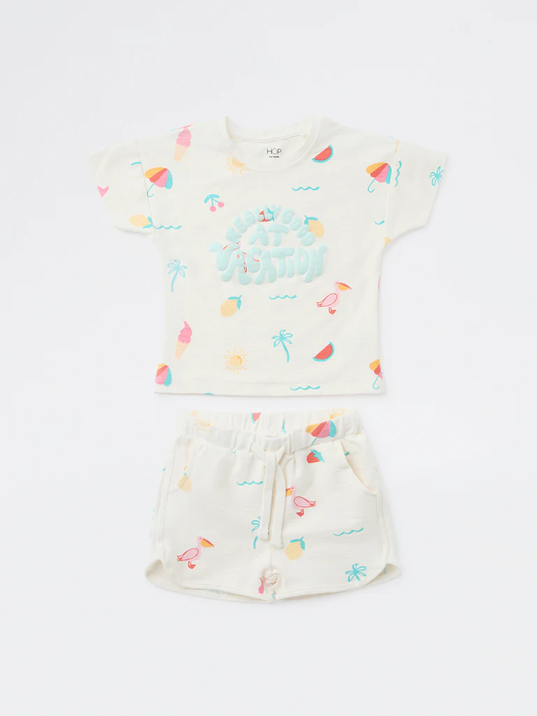 HOP Kids Girls Off-White Printed Cotton T-Shirt and Shorts - Image 3