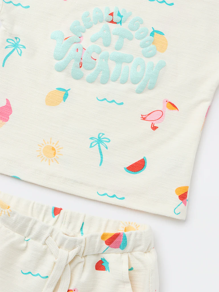 HOP Kids Girls Off-White Printed Cotton T-Shirt and Shorts - Image 5