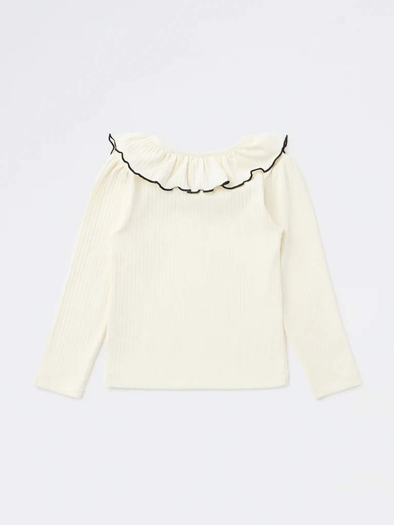 HOP Kids Girls Off-White Ribbed Bow-Detail Cotton-Blend Top - Image 5