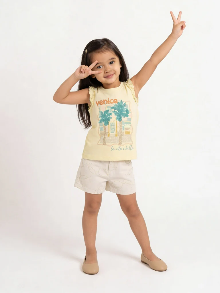 HOP Kids Girls Off-White Schiffli Pattern Denim Shorts