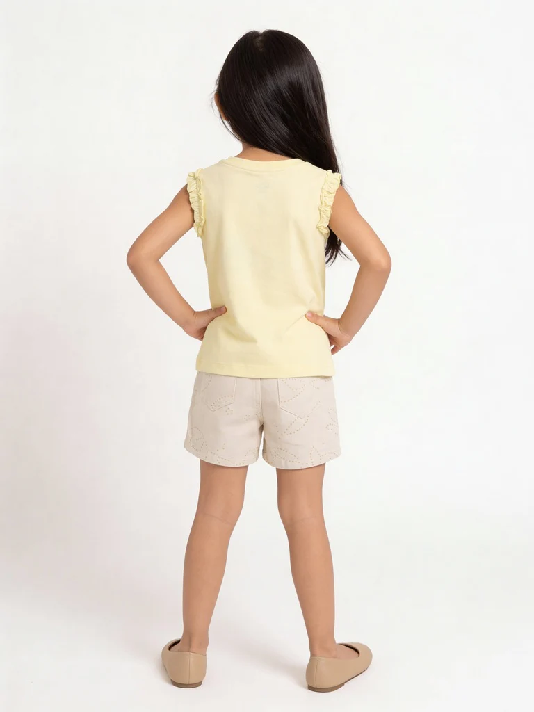 HOP Kids Girls Off-White Schiffli Pattern Denim Shorts - Image 2