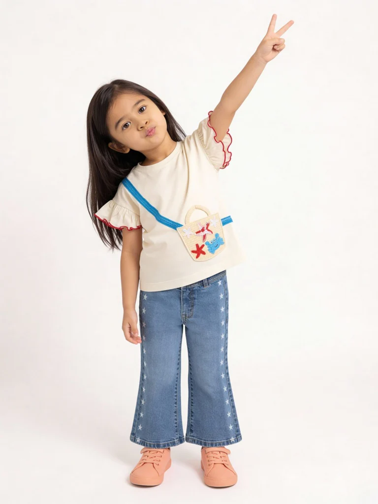 HOP Kids Girls Off-White Sea-Life Embroidered Cotton Top