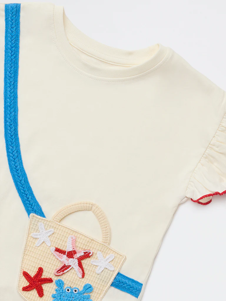 HOP Kids Girls Off-White Sea-Life Embroidered Cotton Top - Image 5