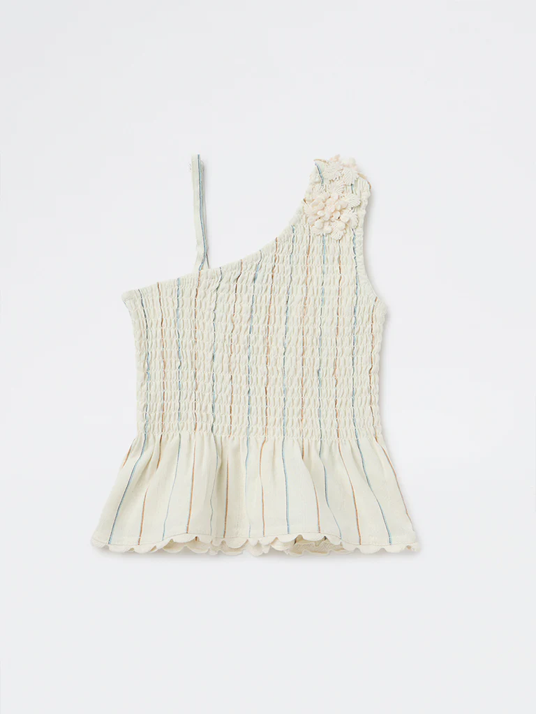HOP Kids Girls Off-White Smocked One-Shoulder Cotton Top - Image 3