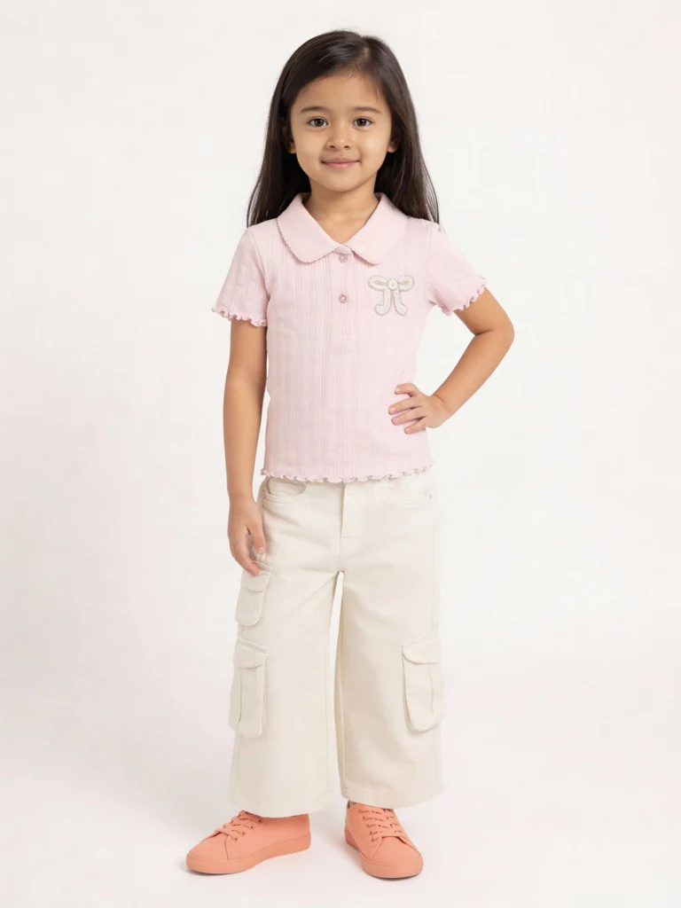 HOP Kids Girls Off-White Solid Mid-Rise Denim Cargo Jeans