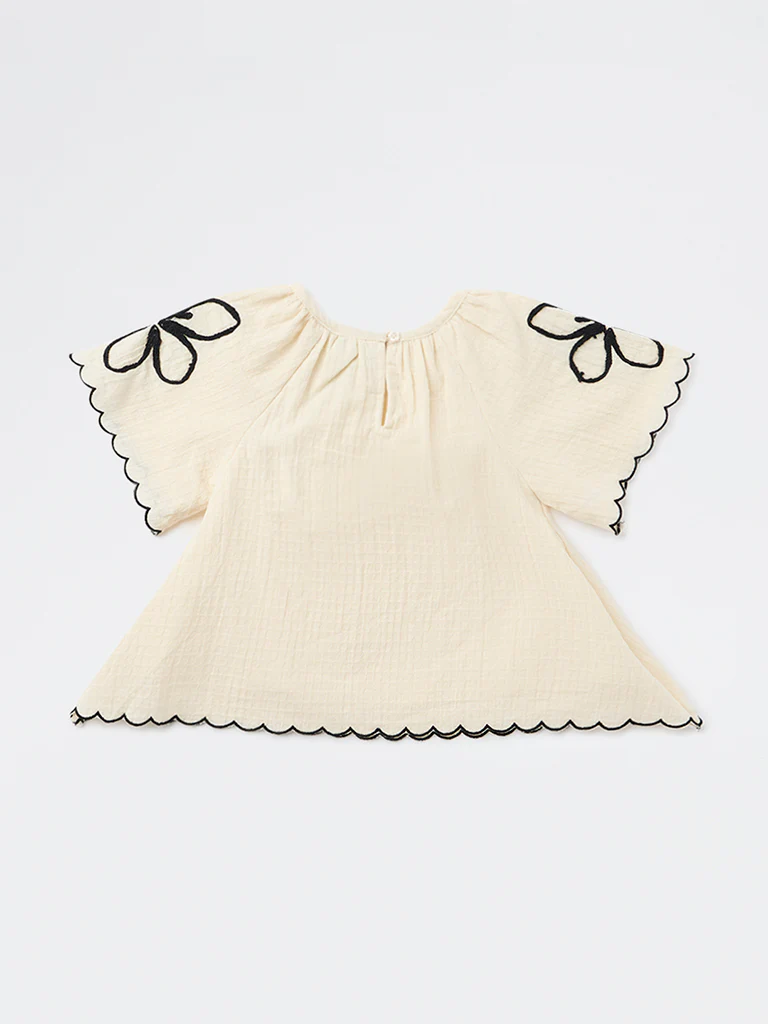 HOP Kids Girls Off-White Textured A-Line Cotton Top - Image 4